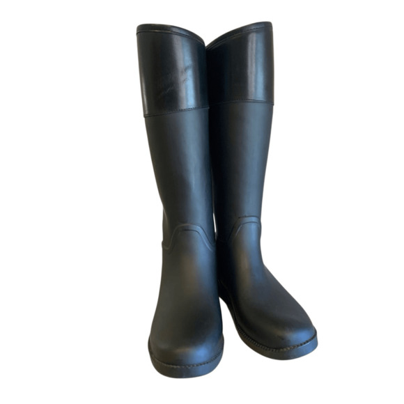 Tory Burch Black Knee High Leather Rubber Boots - Picture 4 of 12